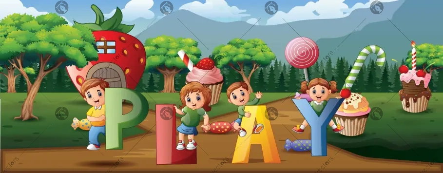 Cartoon Children Playing in the Sweet Land