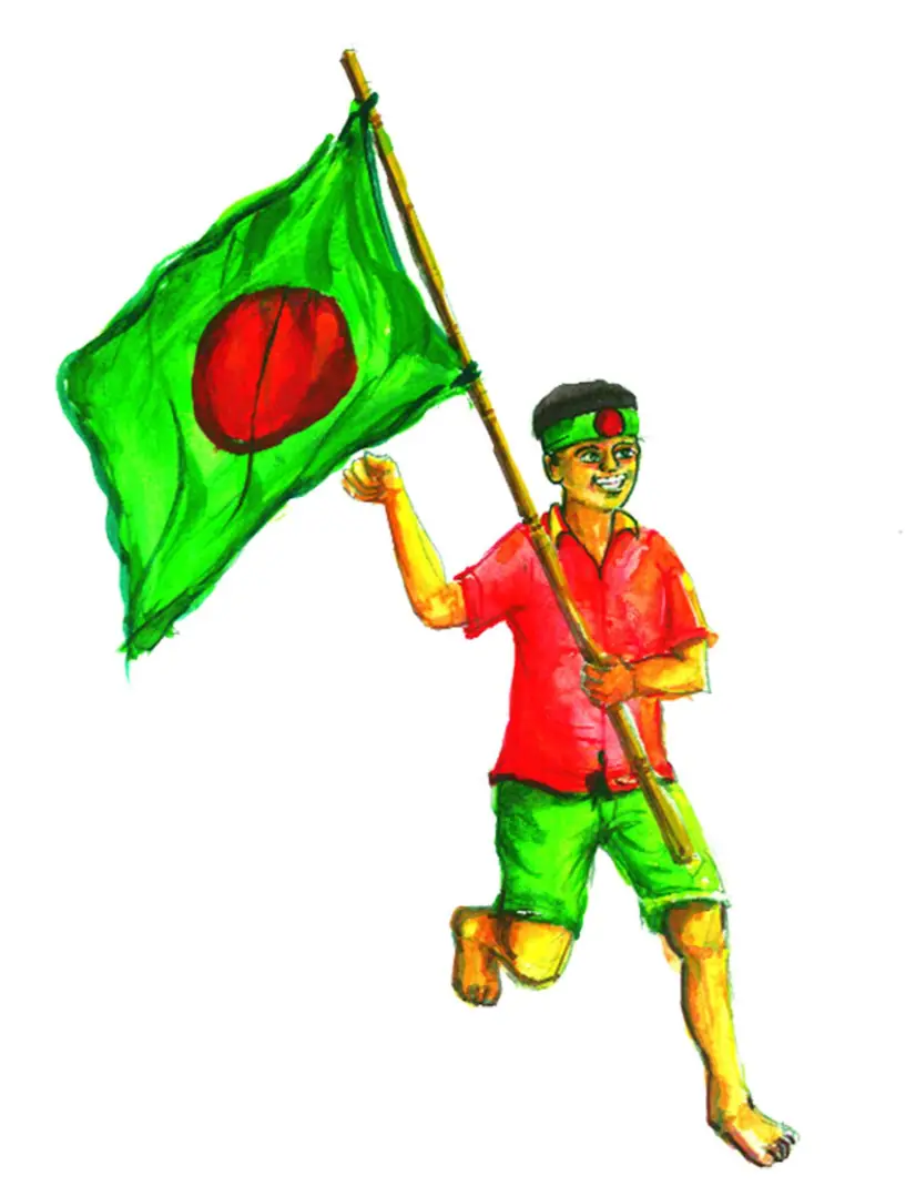 Bangladeshi rural children run with Bangladeshi national flag of Bangladesh