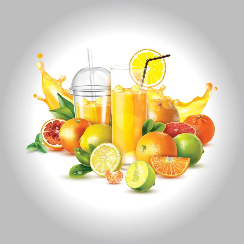 Free vector realistic poster with citrus fruits and glasses of cold fresh juice on white