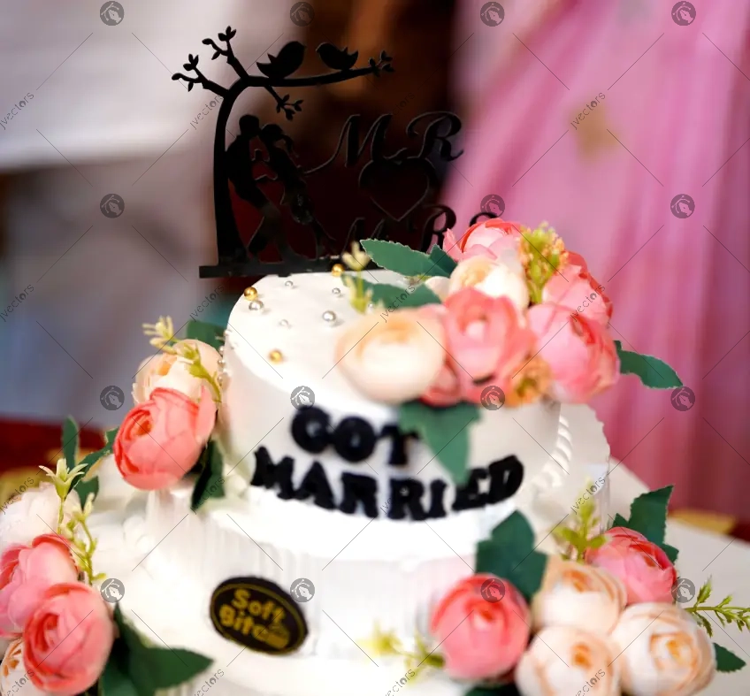 Got Married with Flower & Cake Background