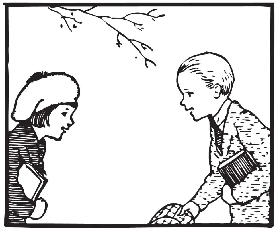 Vintage black and white children conversing: Time well spent clipart
